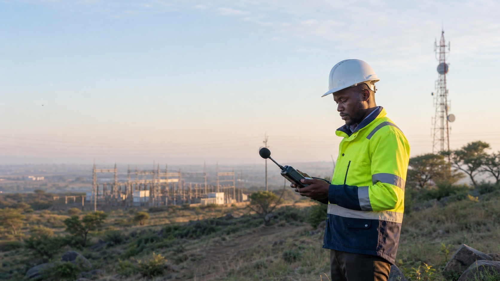 Kenyan engineer carrying out an electromagnetic field measurement near power infrastructure and a telecom mast.